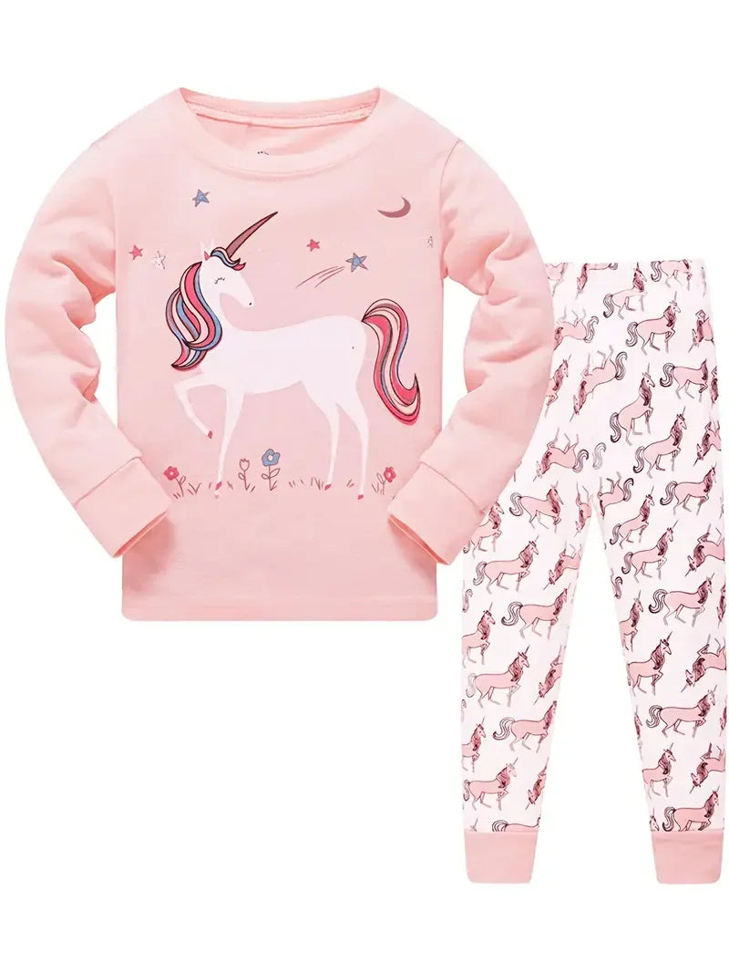 2pcs Girls Casual Cartoon Unicorn Print Crew Neck Pink Cotton Pajama Sets