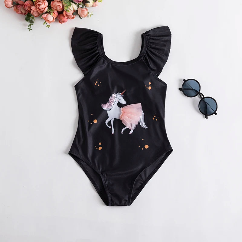 1-5 Years Unicorn One Piece Swimsuit Girls Black