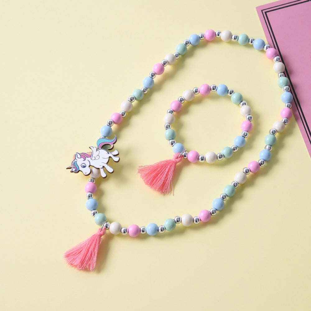 Cute Kids Wooden Unicorn Necklace and Bracelet with Tassel