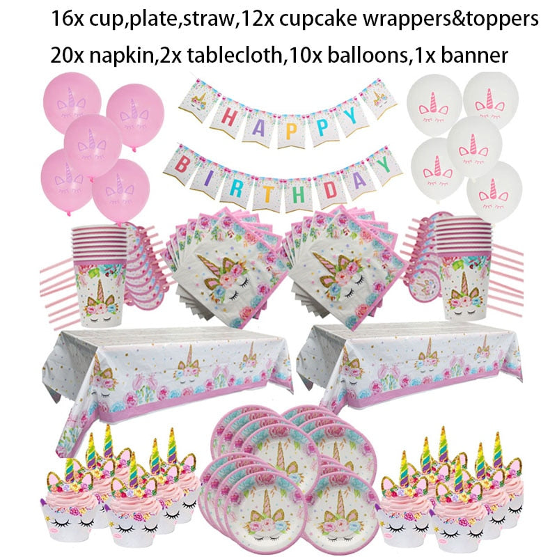 Unicorn Party Supplies Disposable Tableware Set for Childrens Party - 16 guests set-A