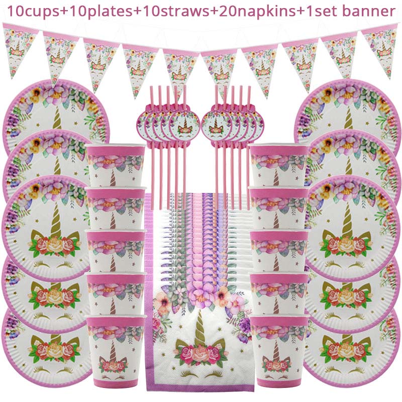 Unicorn Party Supplies Disposable Tableware Set for Childrens Party - 10 guests set A