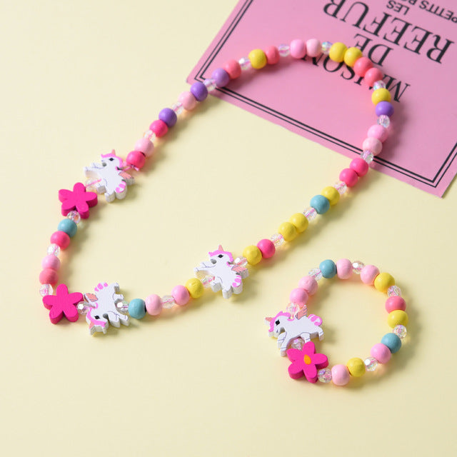 Cute Kids Wooden Unicorn Necklace Bracelet