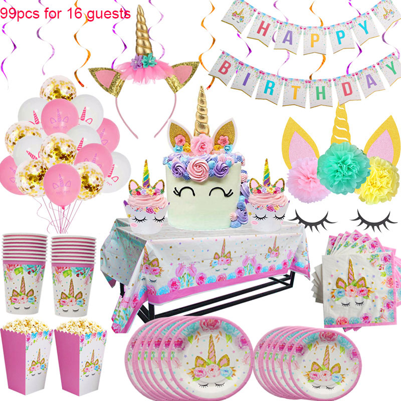 Unicorn Party Supplies Disposable Tableware Set for Childrens Party - 99 pcs tableware