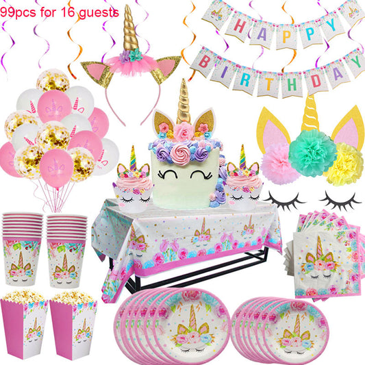 Unicorn Party Supplies Disposable Tableware Set for Childrens Party - 99 pcs tableware