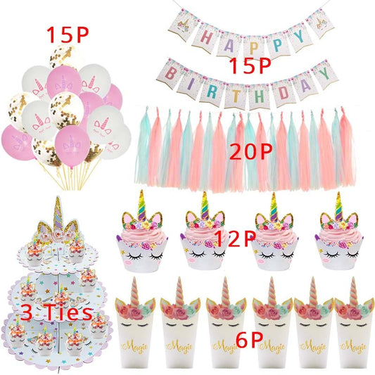 Unicorn Party Banner, Balloons, Cake Stand and Toppers - 55 pcs set