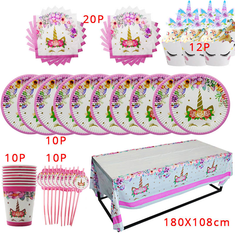 Unicorn Party Supplies Disposable Tableware Set for Childrens Party - 63 pcs tableware