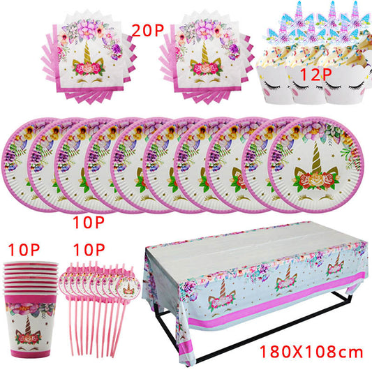 Unicorn Party Supplies Disposable Tableware Set for Childrens Party - 63 pcs tableware