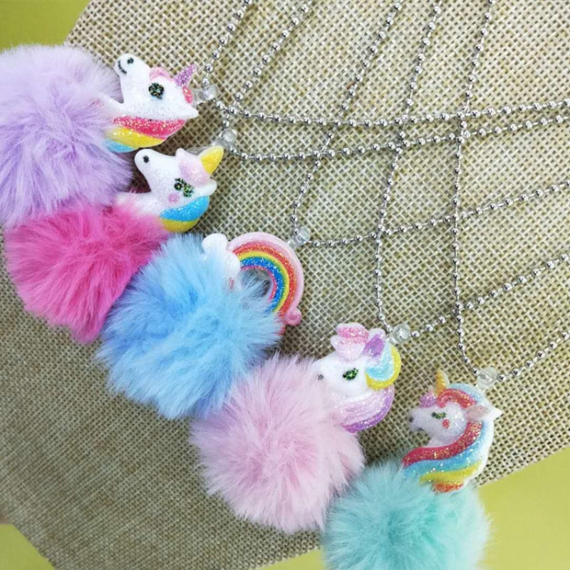 Cute Unicorn Rainbow Plush Ball Pendant Necklace