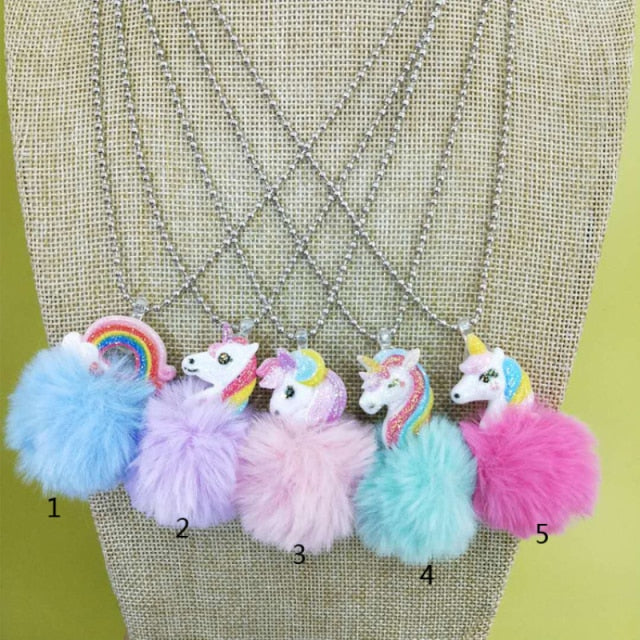 Cute Unicorn Rainbow Plush Ball Pendant Necklace