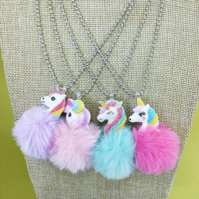 Cute Unicorn Rainbow Plush Ball Pendant Necklace