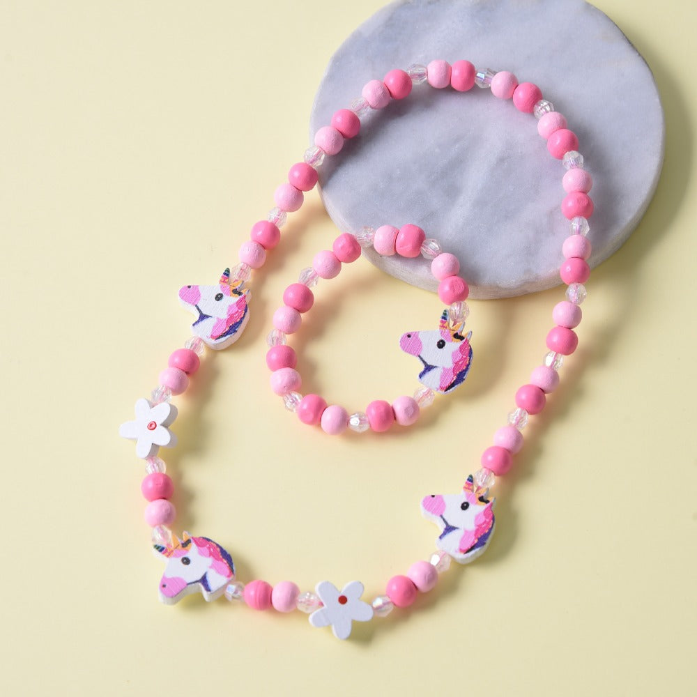 Cute Kids Wooden Unicorn Necklace Bracelet Pink