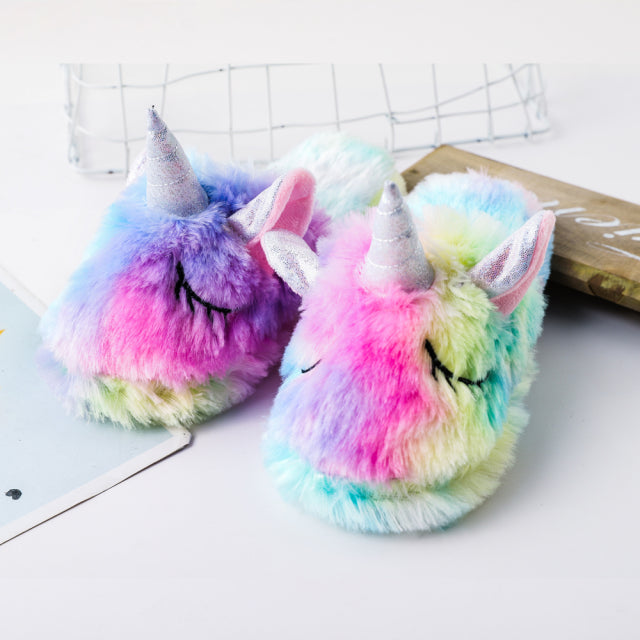 Winter Rainbow Unicorn Slippers Rainbow Plush