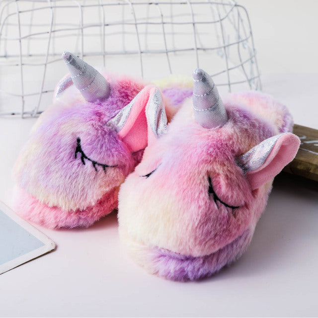 Winter Rainbow Unicorn Slippers Pink