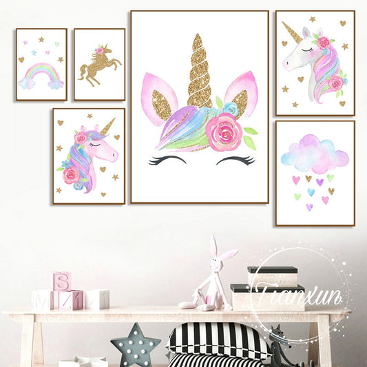 Unicorn Cloud Rainbow Print Canvas Wall Art (Unframed)