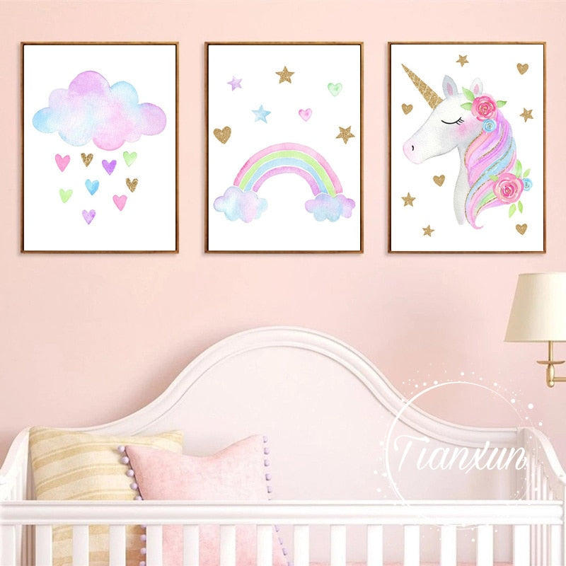 Unicorn Cloud Rainbow Print Canvas Wall Art (Unframed)