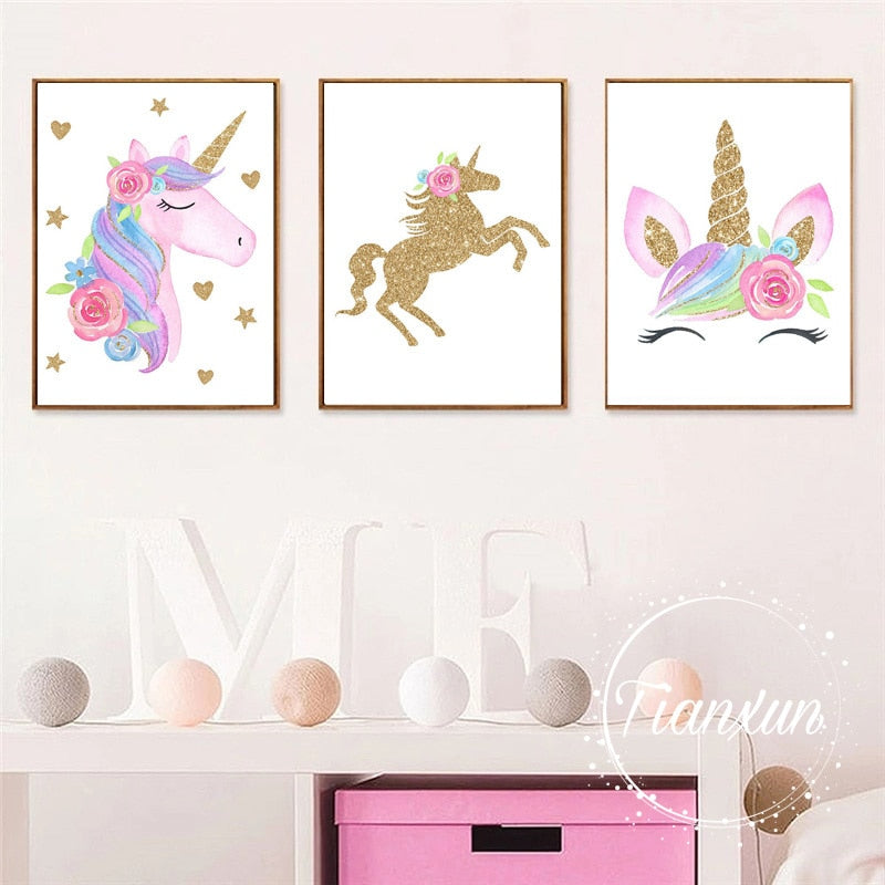 Unicorn Cloud Rainbow Print Canvas Wall Art (Unframed)