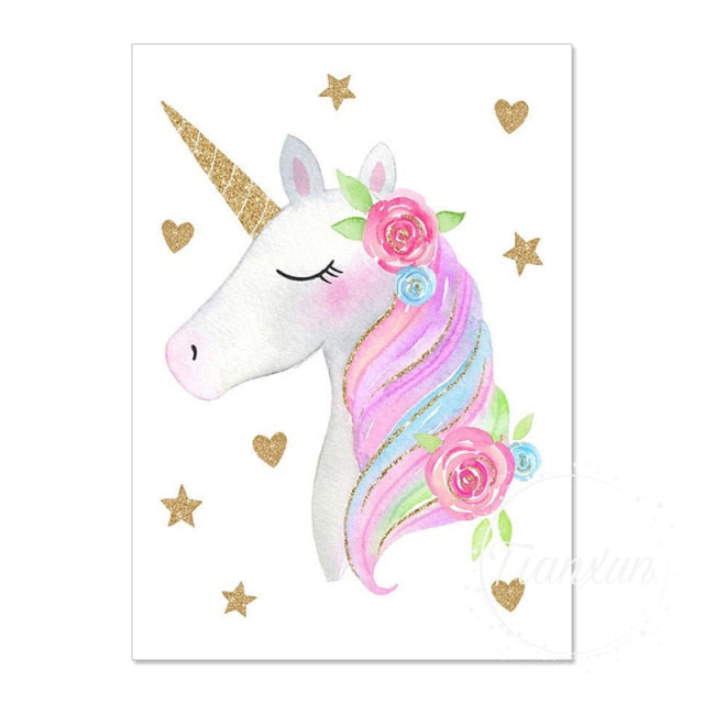 Unicorn Cloud Rainbow Print Canvas Wall Art (Unframed)