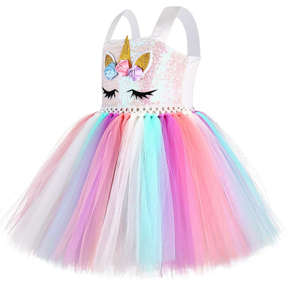 Pastel Sequins Girls Unicorn Dress with Wings and Headband