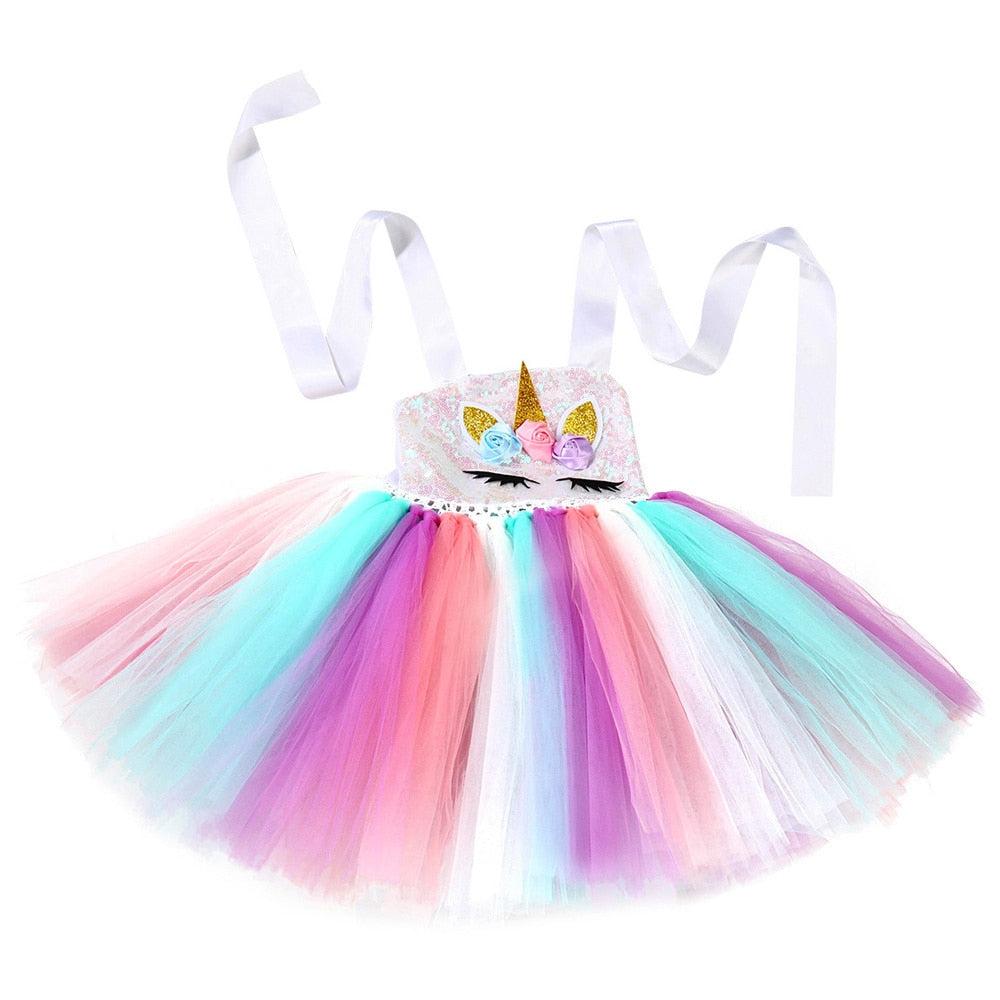 Pastel Sequins Girls Unicorn Dress with Wings and Headband