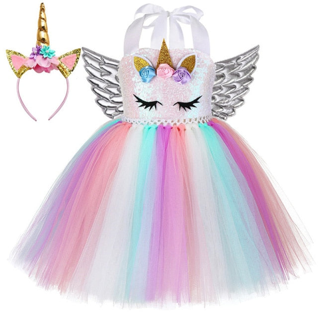 Pastel Sequins Girls Unicorn Dress with Wings and Headband