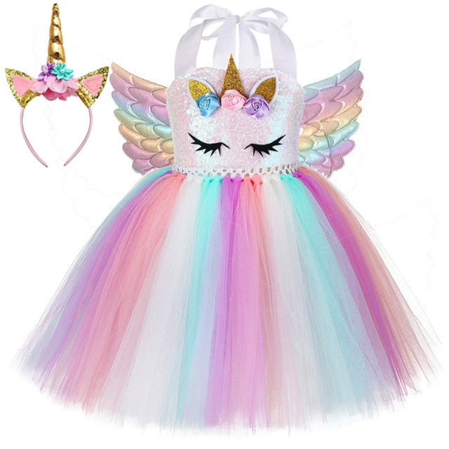 Pastel Sequins Girls Unicorn Dress with Wings and Headband