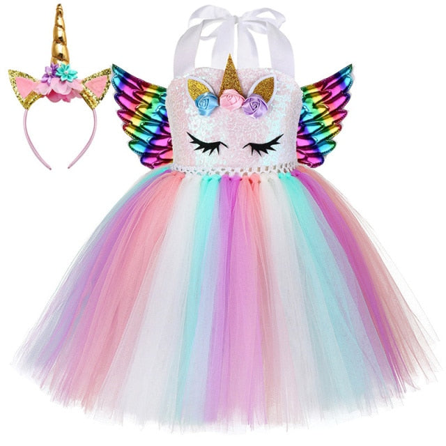 Pastel Sequins Girls Unicorn Dress with Wings and Headband