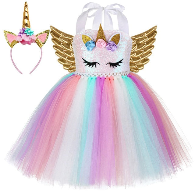 Pastel Sequins Girls Unicorn Dress with Wings and Headband