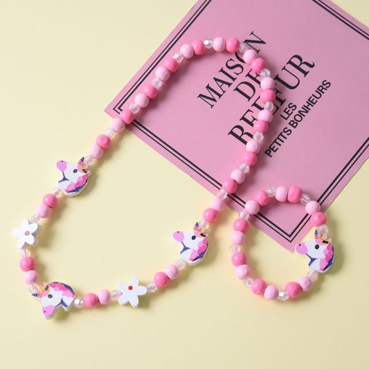 Cute Kids Wooden Unicorn Necklace Bracelet Pink